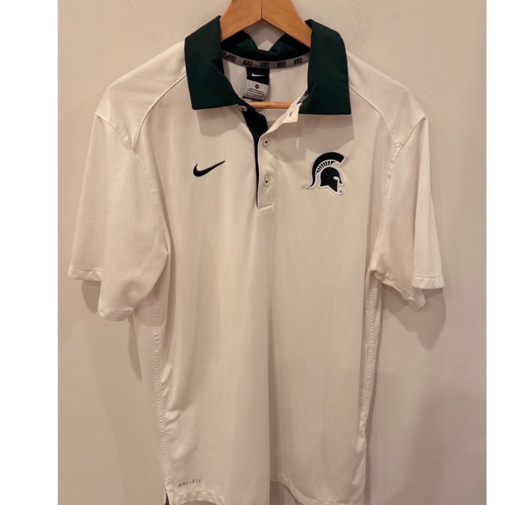 Nike Michigan State Spartans Polo Mens M Dri-FIT White Green MSU NCAA NWOT